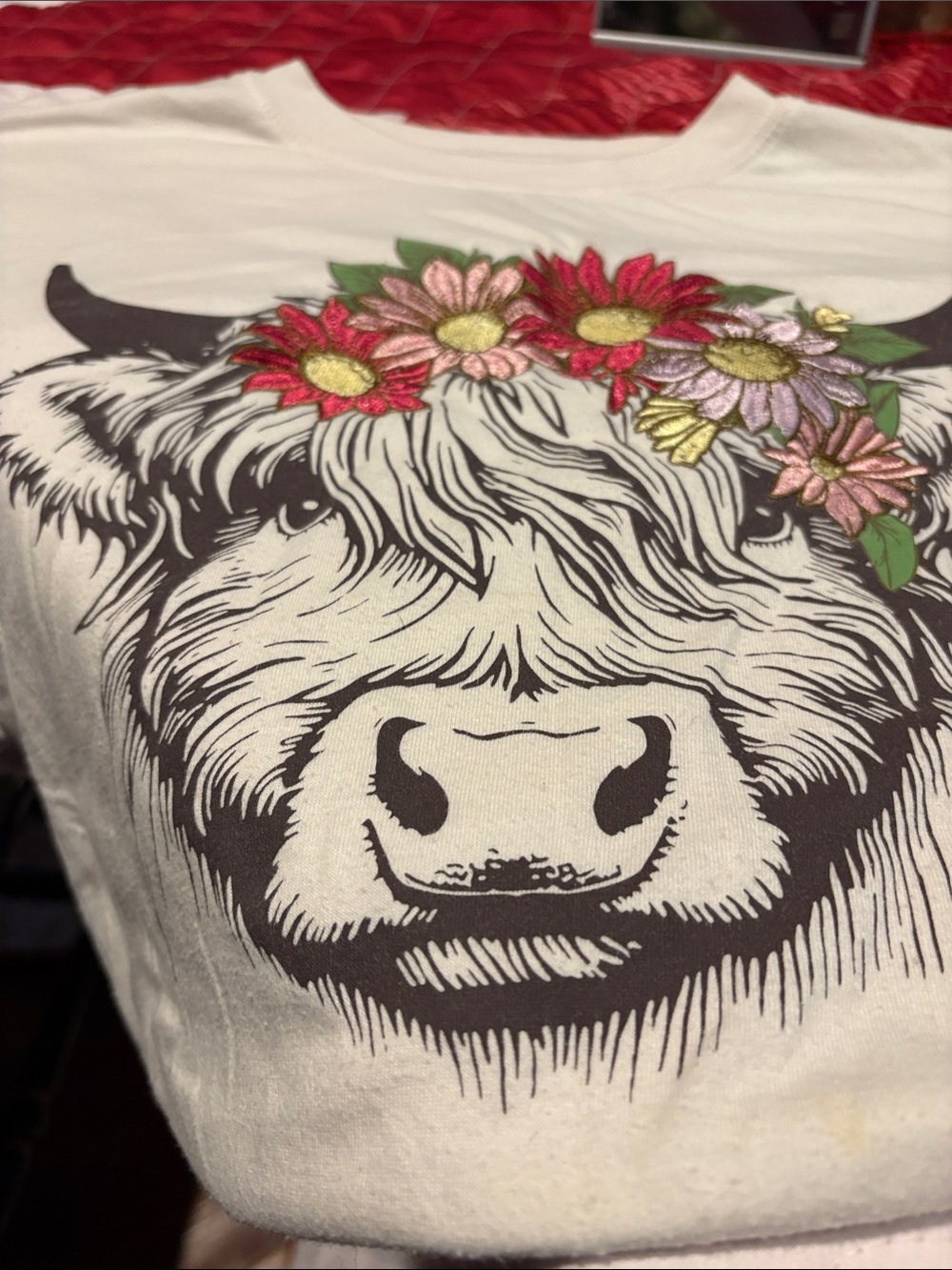 White Tee with Floral Highland Cow Graphic